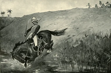 Évasion étroite du lieutenant Roberts poursuivi par des indigènes près de Lucknow, 1901