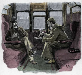 Silver Blaze : illustration de Sidney Paget pour une aventure de Sherlock Holmes. Le célèbre détective est représenté avec le Dr Watson dans un train. Publiée dans « The Strand Magazine ». Histoire de Conan Doyle. 1892.