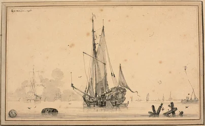 Scène de port avec des navires au repos et des pieux