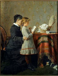 Leçon de lecture. Une nourrice apprend à lire à une petite fille. Peinture de Silvestro Lega (1826-1895) Éc. italienne