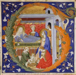 Enluminure de manuscrit avec la naissance de la Vierge dans une initiale G, d