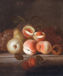 Nature morte de pêches et autres fruits (huile sur toile)