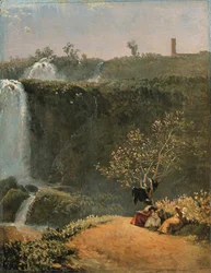 Elisabeth Louise Vigée-Lebrun dessinant la cascade de Tivoli avec sa fille Julie et sa gouvernante (huile sur papier marouflé sur toile))