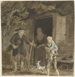 Famille de paysans devant la porte de leur maison