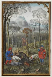Add MS 18855 f.108v Miniature de calendrier pour décembre montrant une chasse au sanglier
