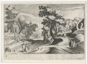 Paysage vallonné boisé avec bâtiments et figures