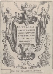 Cartouche met guirlandes en figuren