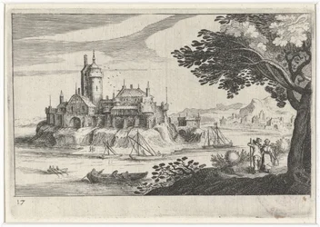 Paysage vallonné avec un château sur une île