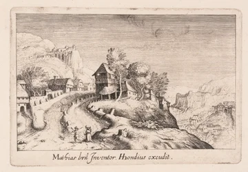 Paysage avec un sentier sur une montagne à travers un village, tiré de Topographia Variarum Regionum