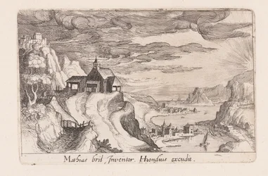 Paysage avec une vallée fluviale et une église sur une colline, tiré de Topographia Variarum Regionum