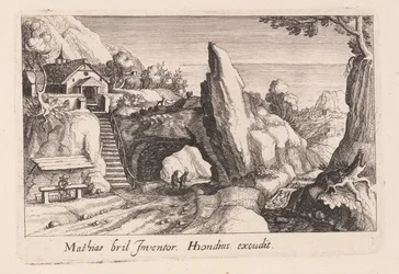 Paire de personnages marchant sous un pont rocheux, tiré de Topographia Variarum Regionum