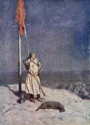 Le chevalier monte la garde sur le mont Saint-Georges avec la bannière d