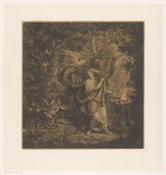 Scène mythologique avec une reine offrant dans une forêt, peut-être Althaea, et trois gorgones