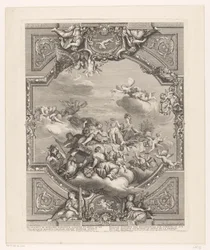 Plafond à Versailles : Apollon distribue des récompenses aux Arts et Sciences, Minerve couronne le génie de la France