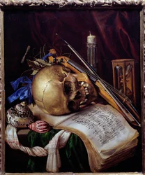 Vanité. Nature morte avec crâne, partitions, instruments de musique, coquillages et sablier. Peinture de Simon Bernard de Saint André