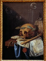 Nature morte vanité avec crâne, couronne de laurier, flûtes, partition et cruche à vin. Peinture de Simon Bernard de Saint-André (1613-1677), XVIIe siècle. H. 0,6 x 0,43 m, Lyon, Musée des Beaux-Arts