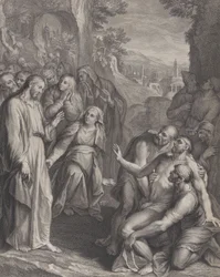 La résurrection de Lazare, avec le Christ debout à gauche