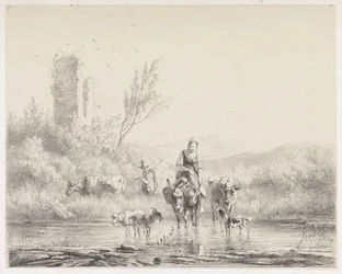 Femme sur un âne et son troupeau