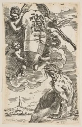 Allégorie de la Rivière Foglia avec les armoiries de la ville de Pesaro, frontispice pour