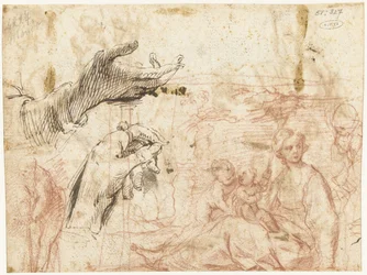 Feuille de croquis avec différentes compositions, y compris deux mains