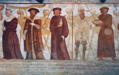 La mort avec la reine, le duc, le docteur et le riche avare, détail de La Danse Macabre