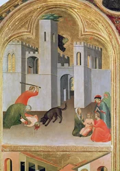 Agostino Novella sauvant un enfant mordu par un chien, détail du retable du Bienheureux Agostino Novello, vers 1328