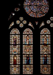 En haut, symboles des Évangélistes, en bas, Saint Ludovic de Toulouse (Louis d