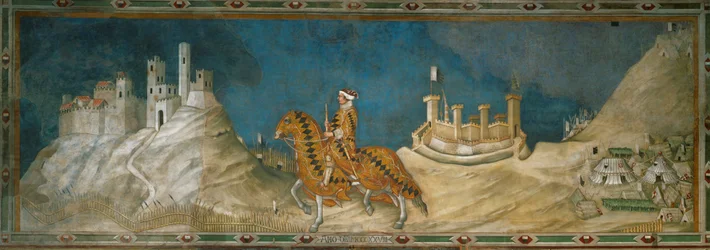Guidoriccio da Fogliano, condottiere, chevauchant à travers les montagnes arides entourant Sienne (peinture murale)
