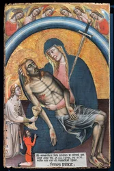 Lamentation sur le Christ mort avec le client, Iohannes de Elthinl, par Simone dei Crocifissi, vers 1368. La Vierge est représentée comme Notre-Dame des Douleurs, avec une épée dans son cœur.