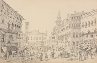 Album de 30 vues au Tyrol et en Italie : Place à Bologne, Cathédrale et Palais du légat du Pape 12 novembre 1840