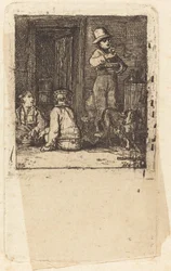 Intérieur avec trois garçons et un chien