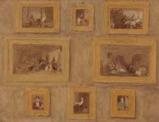 Le seul enfant ; La guimbarde ; Le doigt coupé ; Colin-maillard ; Le jour du loyer ; Le joueur de cornemuse écossais ; Le prie-Dieu ; et Autoportrait : Une esquisse des huit peintures encadrées et accrochées au mur