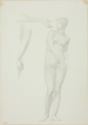 Femme nue debout et esquisses de bras
