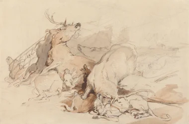 Chiens et chasseurs attaquant un cerf