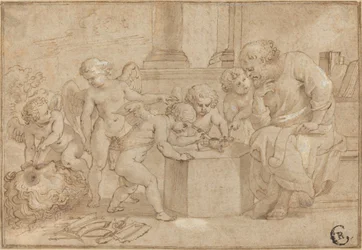 Vieil homme regardant des putti disséquer un œil