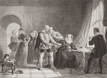 Marie Stuart (1542-87) contrainte de signer son abdication au château de Lochleven en 1567, tiré de 