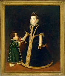 Jeune fille avec un nain, supposé être un portrait de Margarida de Savoie, fille du duc et de la duchesse de Savoie ... (peinture sur toile)