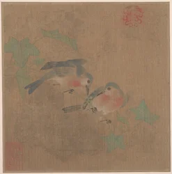Oiseaux sur une branche de fruit (feuille d