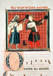 124-0633321/1 Un Maure et un chrétien jouant du luth, miniature dans un livre de musique des 