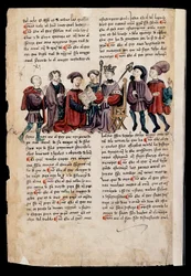 Un homme présente un livre au roi, miniature dans "Libro de los Castigos o Documentos para Bien Vivir"