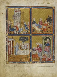 Scènes de la Genèse : Construction de la tour de Babel ; Noé coupant des raisins ; Abraham et Sarah ; Nimrod et Abraham, illustrations de 