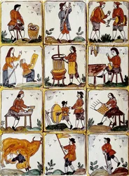 Métiers artisanaux : cordonnier, tonnelier, fabricant de paniers en osier, vigneron, dessinateur, musicien, traite des vaches, rémouleur, fermier, ébéniste. Carreaux de céramique catalane (Espagne)