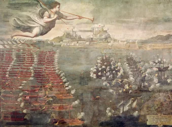 Bataille de Lépante. Navires victorieux entrant dans le port de Messine