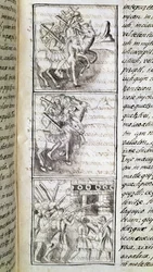Codex de la conquête du Mexique : les Espagnols prêts à attaquer la ville de Tenochtitlan. Miniature du manuscrit florentin 