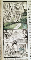 Codex de la conquête du Mexique : les émissaires de Montezuma, ou Moctezuma II empereur aztèque rencontrant les Espagnols
