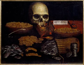 Allégorie de la vanité : le temps qui passe et la mort, la richesse et les plaisirs humains. Peinture de l