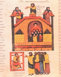 Conquête de Jérusalem par Nabuchodonosor et le prophète Jérémie recevant les dignitaires de la ville, fol.283v., de la Bible wisigothique-mozarabe de Saint Isidore, A.D. 960