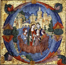 Sainte femme dans un bateau avec un couple courtois et deux bateliers, dans une grande initiale historiée "O", début du 20e siècle