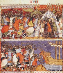 Fol.108r Les Troyens envahissant le camp grec et mettant le feu aux navires grecs, du Codex Benito de Santa Mora
