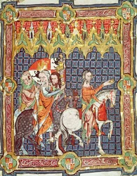 Fol.10r Alphonse VII (1105-57) et sa femme, Bérengère de Barcelone, conduits à rencontrer l